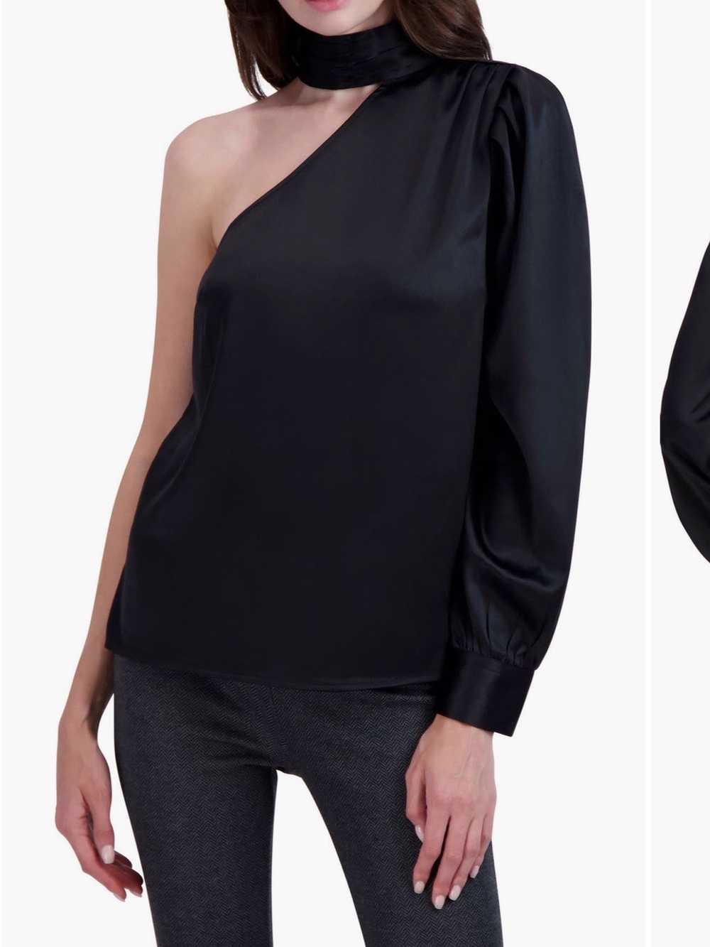 One-Shoulder Satin Blouse with Choker Neck - Black